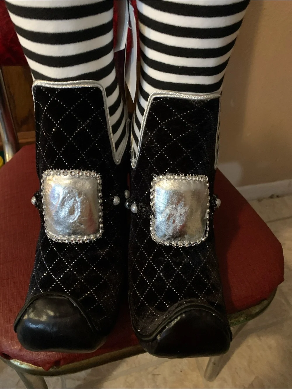 Halloween Decor Witch Striped Black & White Faux-Fur with Curl Toes boots